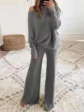 Rosiedress Cold Shoulder Pullover and Tie Waist Pants Solid Knit Set