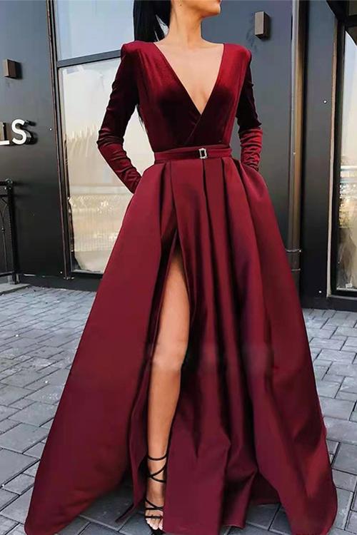 Rosiedress Deep V Neck High Split Velvet Swing Party Dress