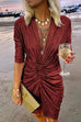 Rosiedress Deep V Neck Long Sleeve Ruched Glitter Dress