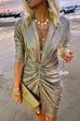 Rosiedress Deep V Neck Long Sleeve Ruched Glitter Dress