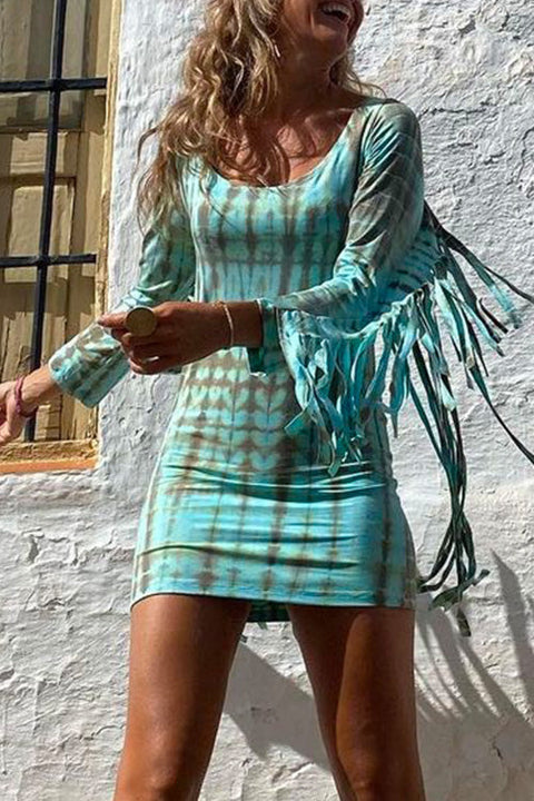 Rosiedress Tassel Long Sleeve Tie Dye Bodycon Dress