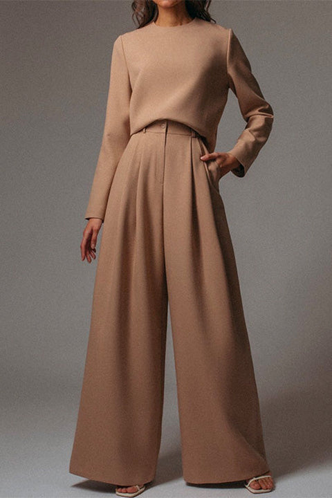 Rosiedress Crewneck Long Sleeve Pullover and Wide Leg Pants Solid Set
