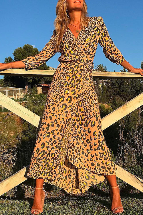 Rosiedress 3/4 Sleeve Wrap V Neck Leopard Printed Dress