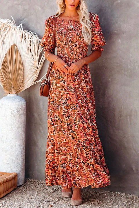 Rosiedress Half Sleeve Elastic Frilled Waist Swing Printed Dress