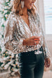 Rosiedress Stylish V Neck Long Sleeve Sequin Splice Top