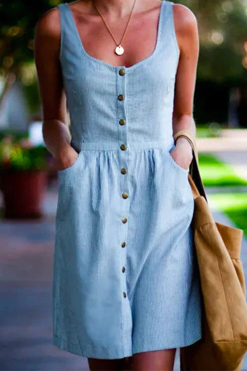 Rosiedress Buttons U Neck Sleeveless Striped Dress with Pockets