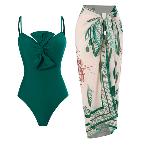 Rosiedress Bow Front One-piece Swimsuit and Printed Wrap Cover Up Skirt Set