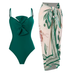 Rosiedress Bow Front One-piece Swimsuit and Printed Wrap Cover Up Skirt Set