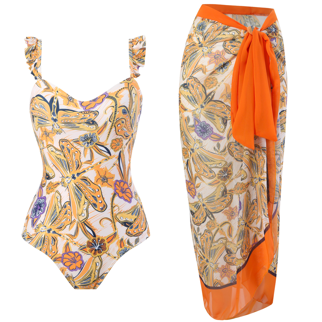 Rosiedress Dragonfly Print Ruffle One-piece Swimsuit and Wrap Cover Up Skirt Set