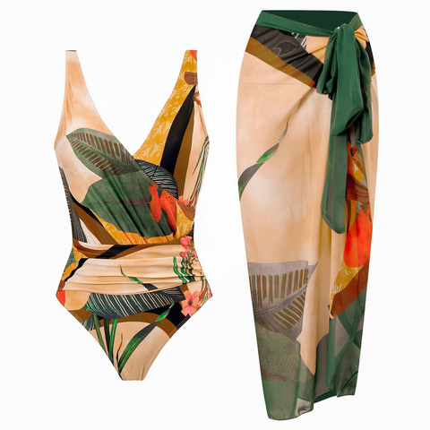 Rosiedress Wrap V Neck Ruched One-piece Swimsuit and Wrap Cover Up Skirt Printed Set