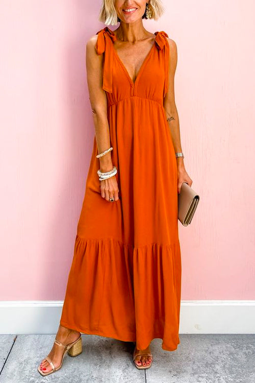 V Neck Bow Shoulder Sleeveless Ruffle Maxi Dress – Rosiedress