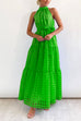 Rosiedress Mockneck Tie Waist Ruffle Tiered Plaid Mesh Maxi Swing Dress