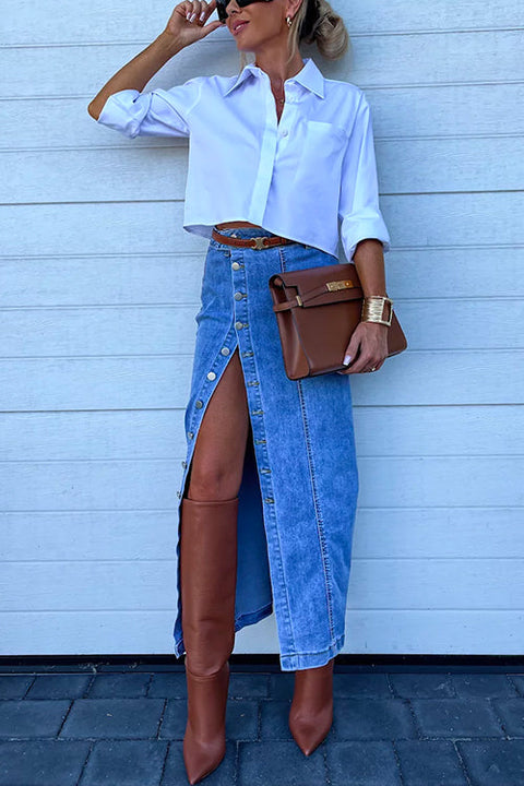 Rosiedress High Rise Button Down Slit Denim Skirt