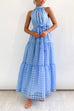 Rosiedress Mockneck Tie Waist Ruffle Tiered Plaid Mesh Maxi Swing Dress