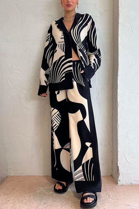 Rosiedress Graphic Printed Long Sleeve Blouse Shirt Wide Leg Pants 2 Pieces Set