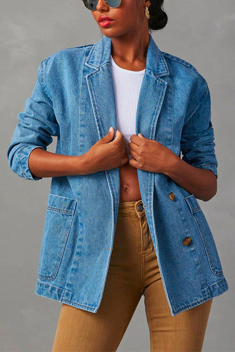 Rosiedress Notch Lapel Button Front Pocketed Denim Blazer