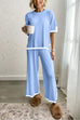 Rosiedress Color Block Short Sleeves Side Split Pullover Wide Leg Pants Knitting Loungewear Set