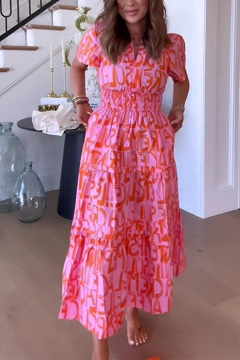 Rosiedress V Neck Smocked Waist Abstract Print Maxi Swing Dress