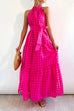 Rosiedress Mockneck Tie Waist Ruffle Tiered Plaid Mesh Maxi Swing Dress