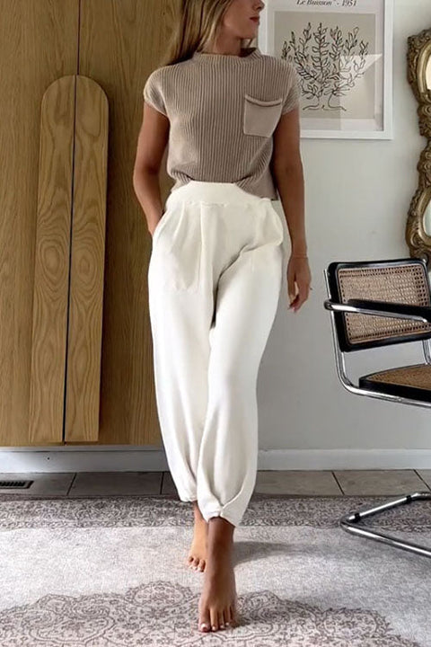 Rosiedress Mockneck Short Sleeves Top Pocketed Harem Pants Knitting Set