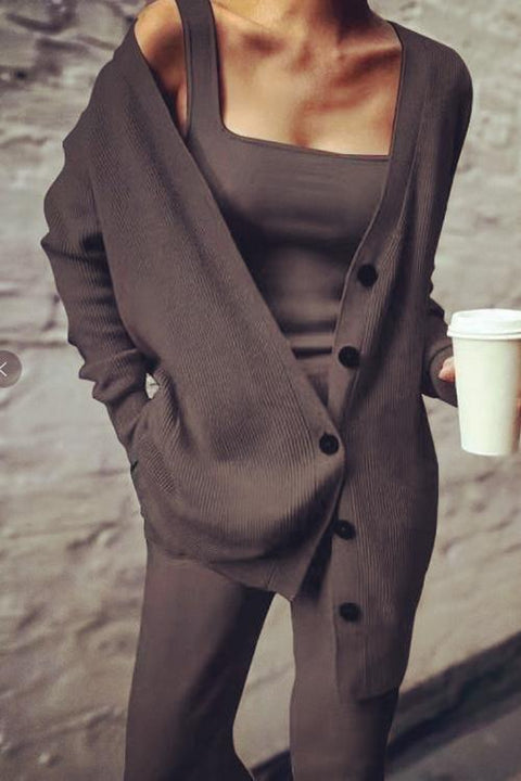Rosiedress Wide Strapes Tank Top Button Down Cardigan and Long Pants 3 Pieces Loungewear Set