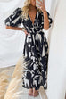 Rosiedress V Neck Puff Sleeves Printed Maxi Flowy Dress
