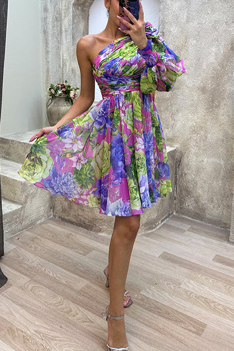 Rosiedress Ruched One Shoulder Waisted Floral Print Flowy Dress
