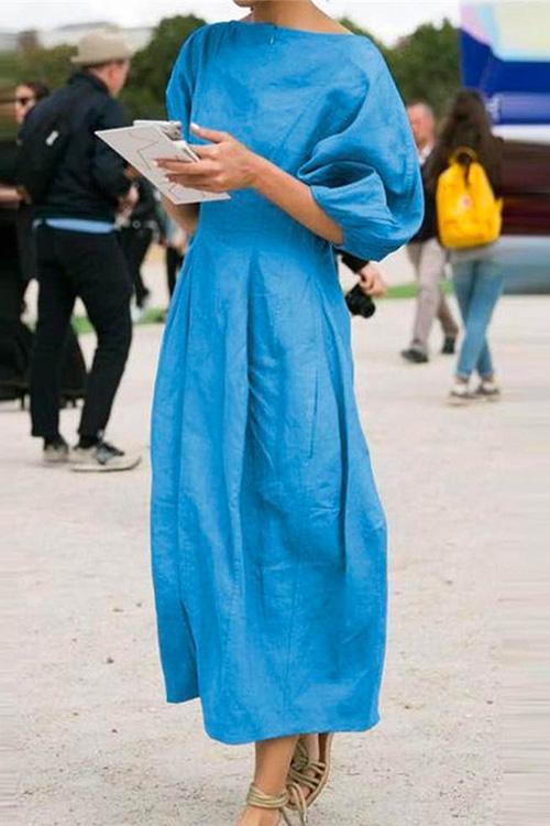 Rosiedress Lantern Sleeve Ruched Midi Cotton Linen Dress