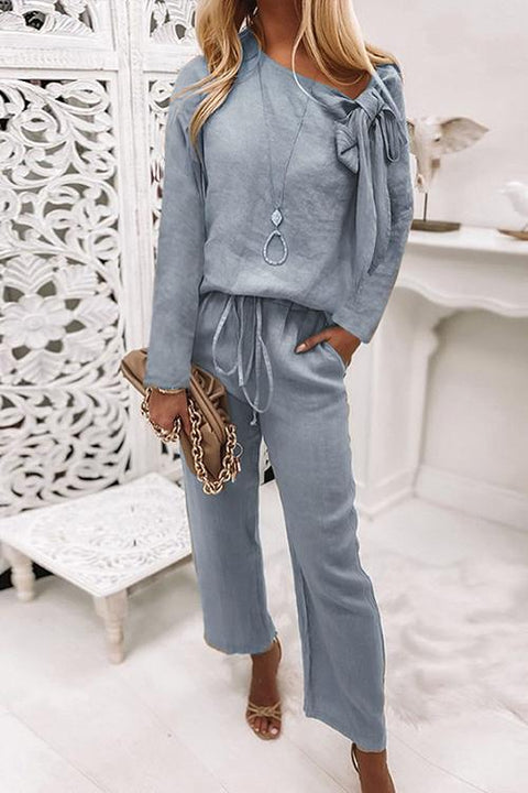 Rosiedress Bow Knot Neck Pullover Drawstring Wide Leg Pants Set