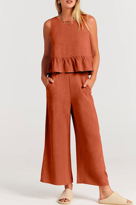 Rosiedress Crewneck Ruffle Tank Top Wide Leg Pockets Pants Set