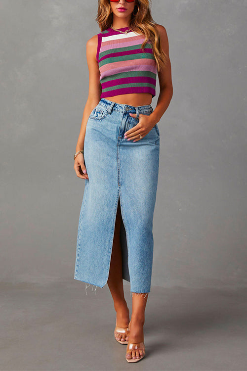 Rosiedress High Rise Raw Hem Slit Front Denim Midi Skirt
