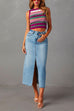 Rosiedress High Rise Raw Hem Slit Front Denim Midi Skirt