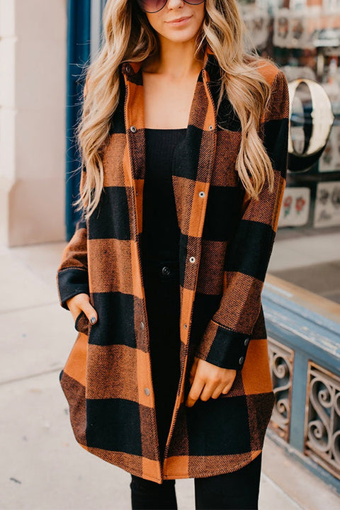 Rosiedress Vintage Curve Hem Button Down Plaid Shacket Jacket