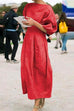 Rosiedress Lantern Sleeve Ruched Midi Cotton Linen Dress
