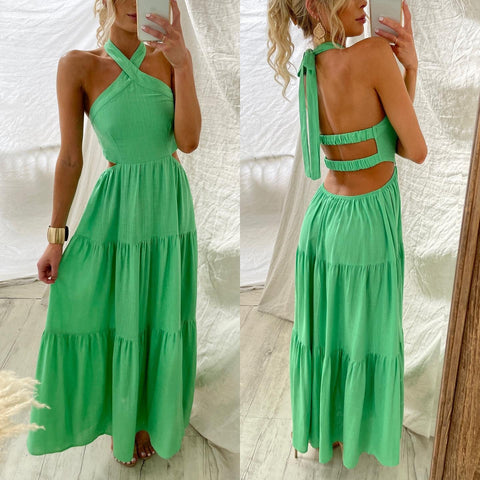 Halter-neck Open Back Tiered Maxi Vacation Dress