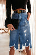 Rosiedress Irregular Frayed Hem Ribbed Denim Skirt
