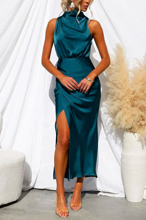 Rosiedress Turtleneck Sleeveless Waisted Slit Midi Satin Dress