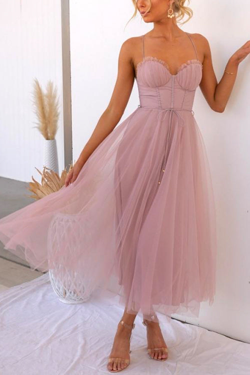 Rosiedress Backless Tie Waist Mesh Swing Maxi Cami Dress