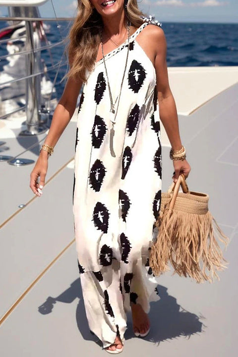 Rosiedress Tie Knot One Shoulder Boho Printed Maxi Vacation Dress