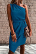 Rosiedress One Shoulder Sleeveless Tie Waist Ruched Dress