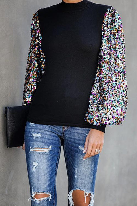 Rosiedress Creneck Sequin Lantern Sleeve Knitting Blouses