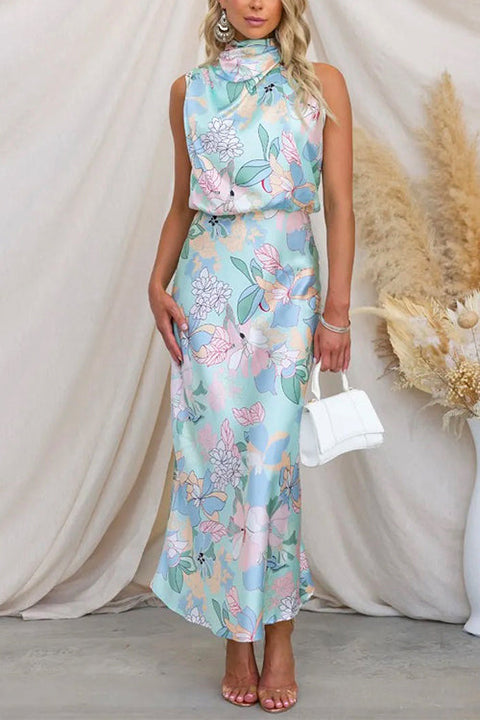 Rosiedress Irregular Tie Neck Waisted Floral Printed Maxi Satin Dress