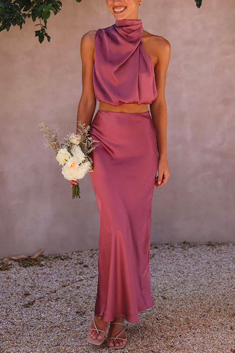 Rosiedress Turtleneck Sleeveless Crop Top High Waist Maxi Skirt Satin Set