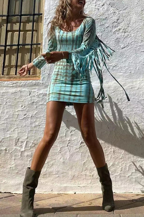 Rosiedress Tie Dye Long Sleeves Tassle Mini Dress
