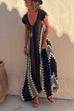 Rosiedress V Neck Short Sleeve Color Block Printed  Maxi Swing Dress