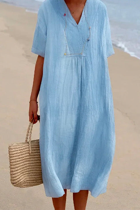 Rosiedress V Neck Short Sleeve Baggy Cotton Linen Midi Dress