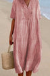 Rosiedress V Neck Short Sleeve Baggy Cotton Linen Midi Dress