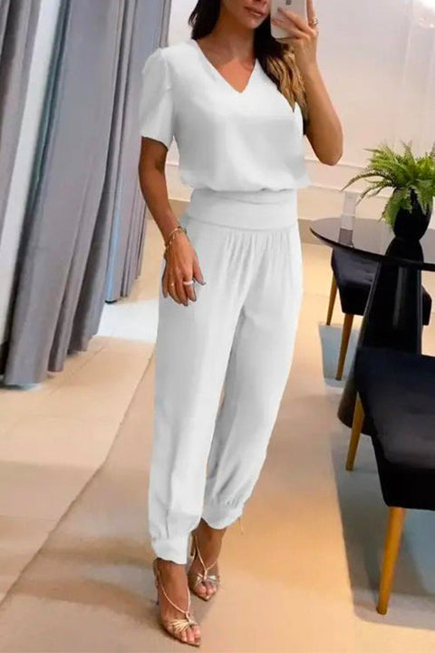 Rosiedress V Neck Short Sleeve Top High Waist Tapered Pants Set