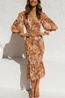 Rosiedress V Neck Lantern Sleeve Printed Ruffle Dress