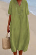 Rosiedress V Neck Short Sleeve Baggy Cotton Linen Midi Dress